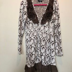 Rye Cream and Brown Lacy Long Sleeve Dress